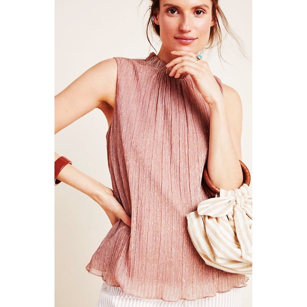 Eri +‎ Ali Anthropologie Pink Metallic Ciana Plisse Mock Neck Sleeveless Blouse